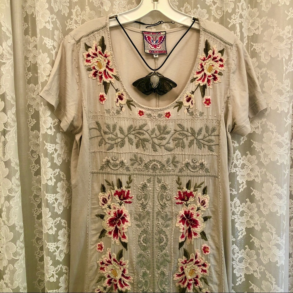JOHNNY WAS * Floral Embroidered Jersey Cotton Comfortable Dress